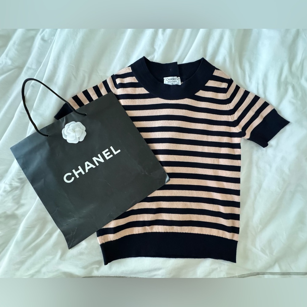 Vintage Chanel Pink and Navy Striped Cashmere Sweater